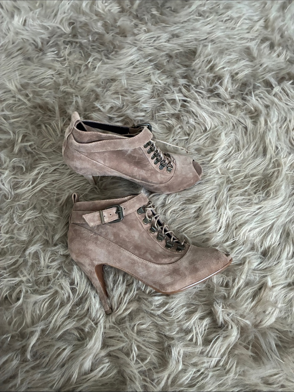 J. Crew Taupe Suede Lace-Up Peep-Toe Ankle Booties with Buckle 36178